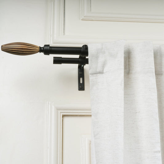 Black Double Curtain Pole Set with Wooden Bud Finials - Extendable, Telescopic, Rustproof - 71-122cm, 122-224cm, 213-366cm-0